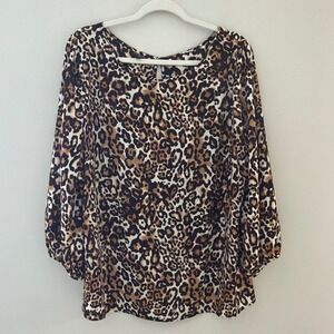 Talbots Plus Women 2X Leopard Print Blouse Long Sleeve Keyhole Back Brown Tan